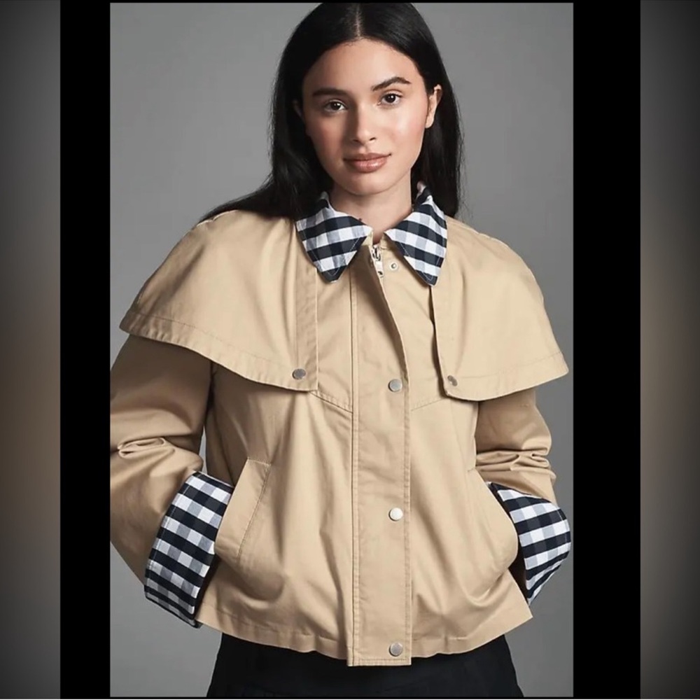 Viral Avec Les Filles Gingham Trim Cape Trench Jacket Khaki Tan XS NWT